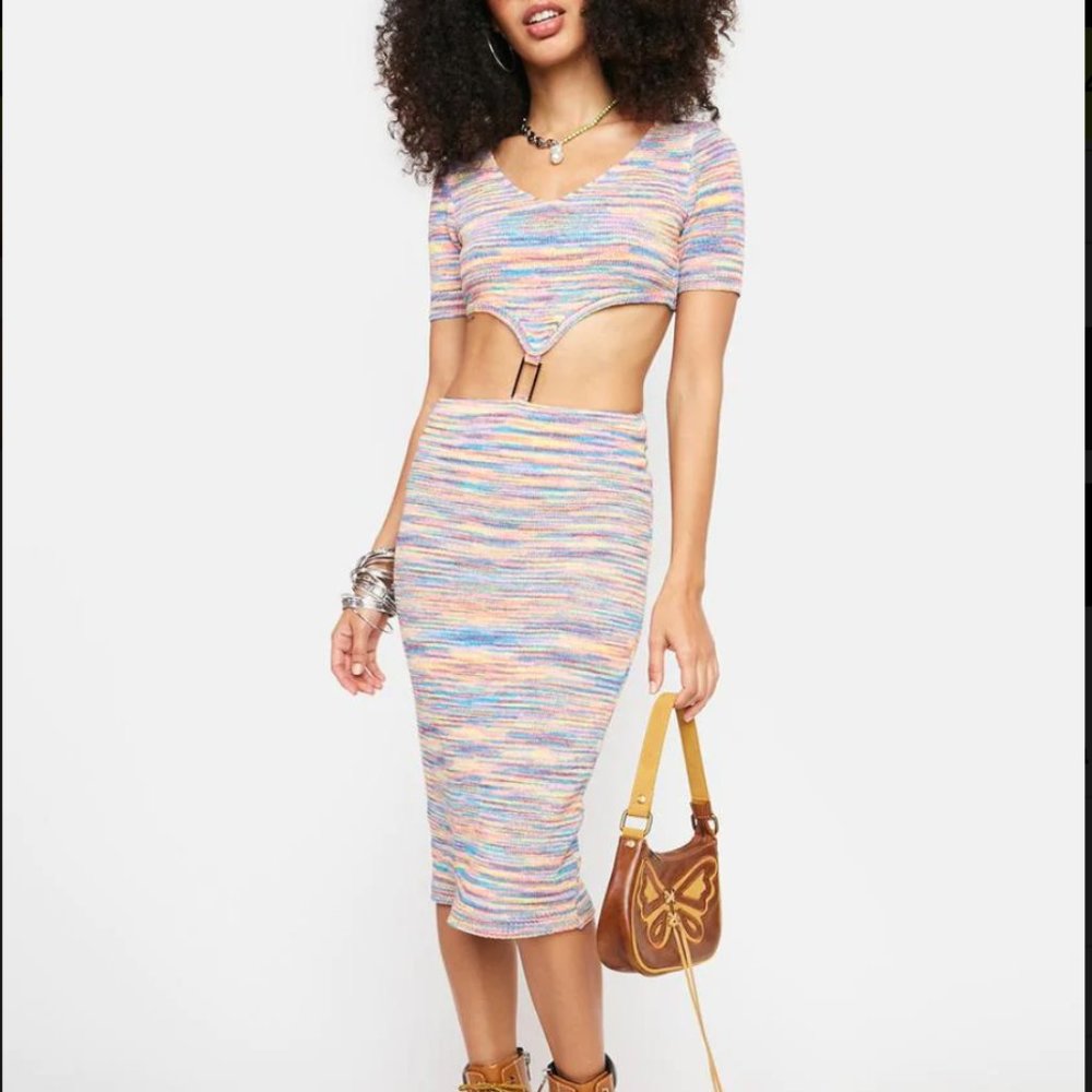 Dolls Kill Sweet Scene Crochet Midi Cut Out Dress in Pastel Rainbow